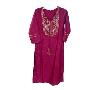 Indian Kurta Tunic Boho Purple Women’s S Gold Stitching VNeck Tassels 3/4 Sleeve